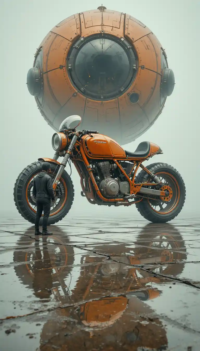 Moto arancione futuristica sotto sfera fluttuante su cemento bagnato