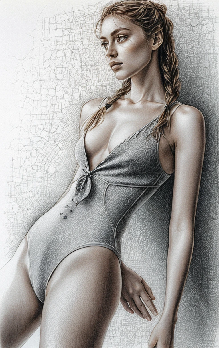 灰色描圖紙上的年輕女子木炭素描