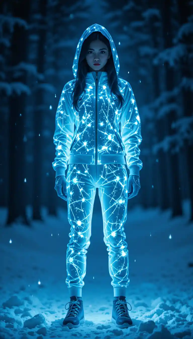 Woman in glowing tracksuit standing in snowy night forest