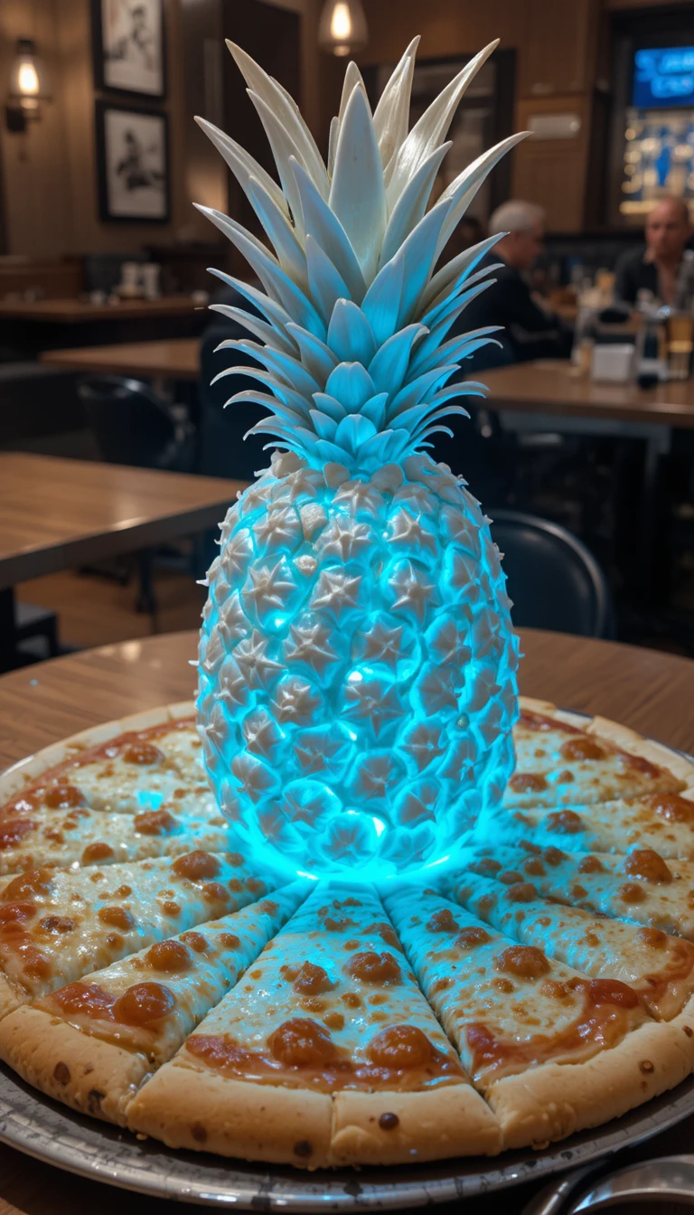Pizza à l'Ananas Lumineuse sur une Table de Restaurant