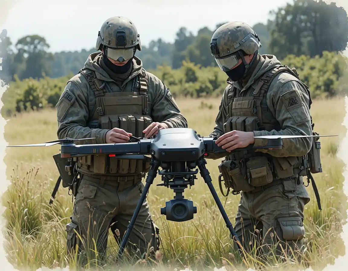 Soldiers kneeling in a field preparing a large black drone
