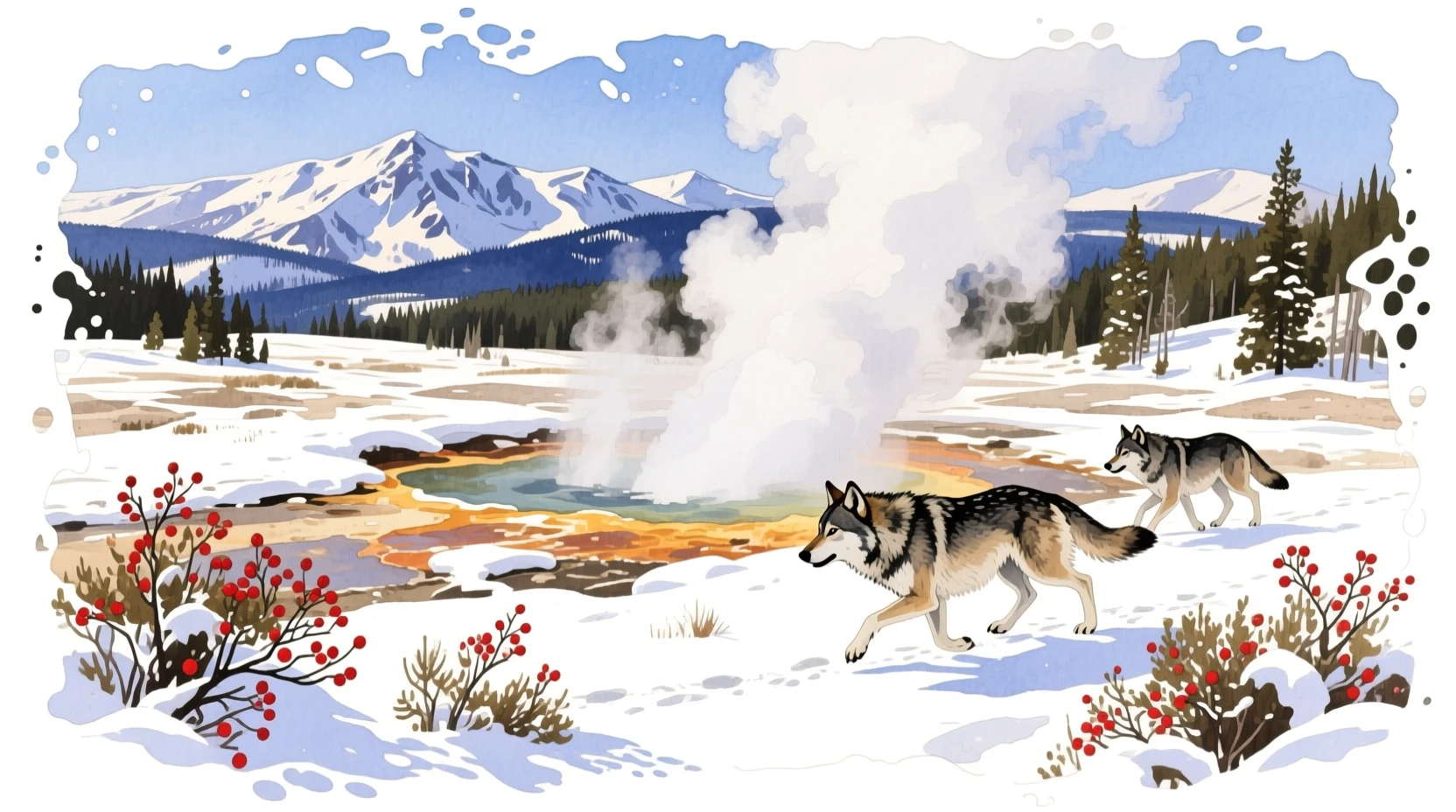 Lobos em aquarela caçando em paisagem de fontes termais nevadas em Yellowstone