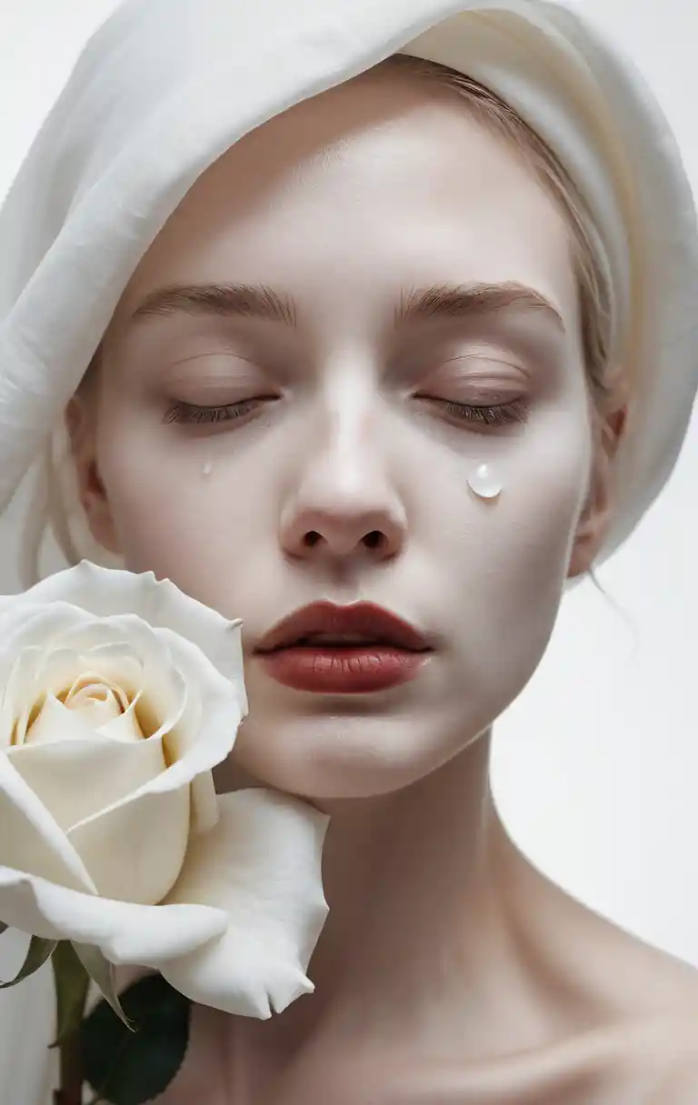 Surreal close up of a porcelain face with white rose