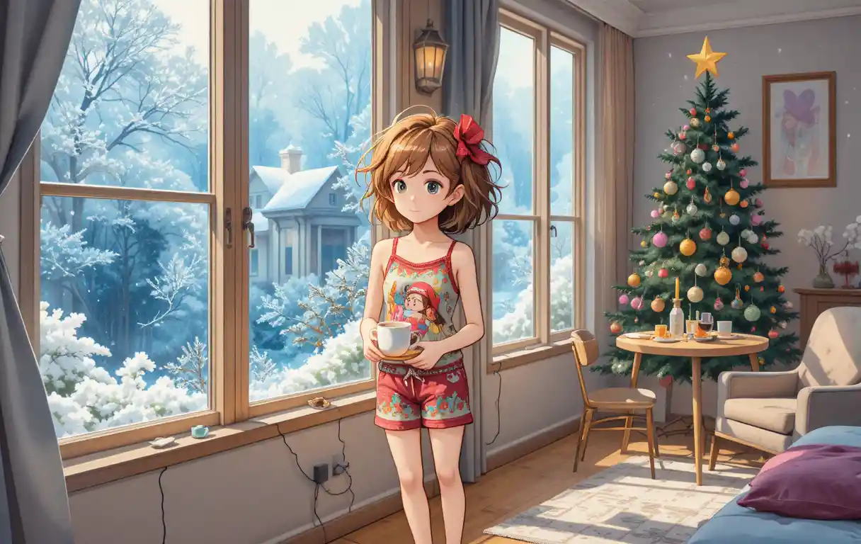 Girl with hot chocolate by frosty winter window