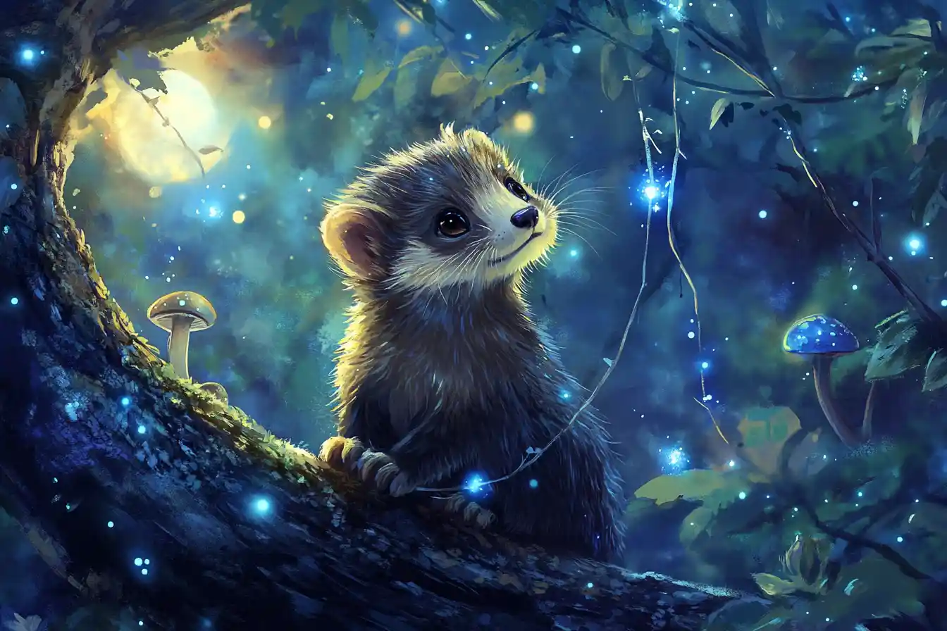 Cute baby ferret on vine in magical night forest