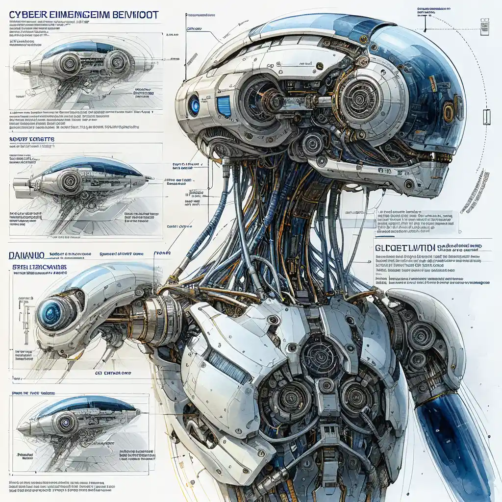 Cybernetic implant science fiction blueprint in isometric view