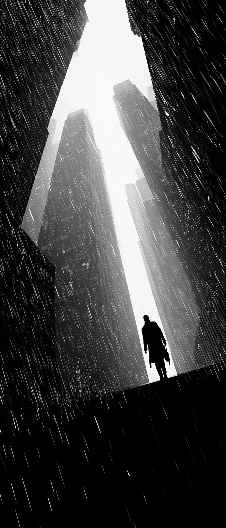 Einsame Silhouette geht durch eine gewaltige Noir-Stadt im Regen