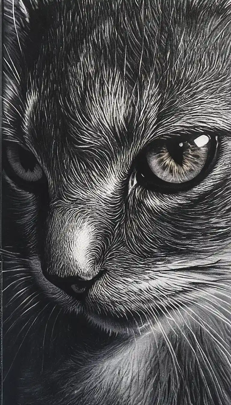 Extreme close up scratchboard portrait of a black cat