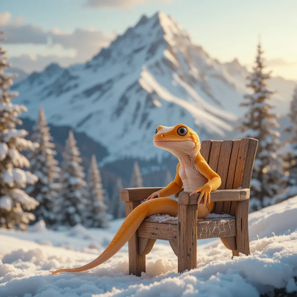 Yellow baby gecko sitting on a tiny chair in snow