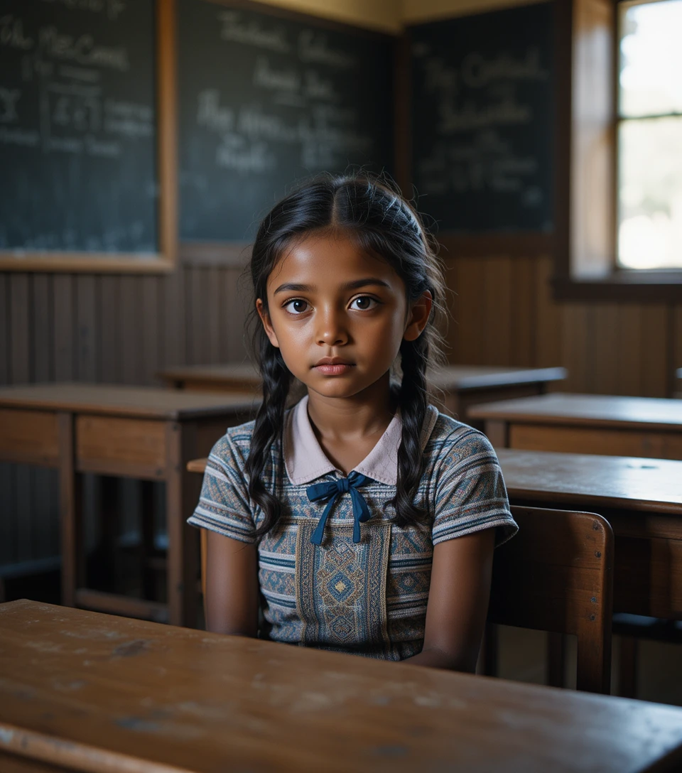 Thoughtful young girl listening in a simple classroom