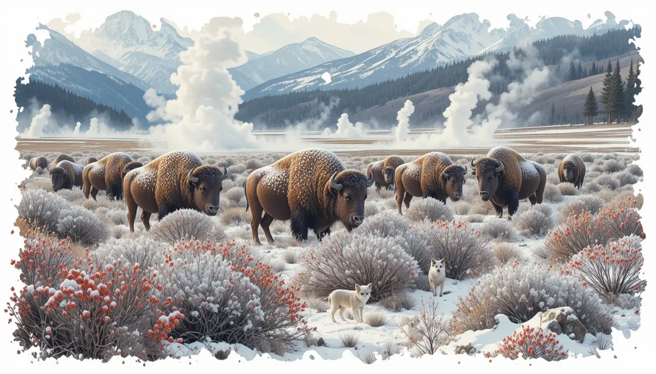 Watercolor herd of distant bison in a snowy mountain valley