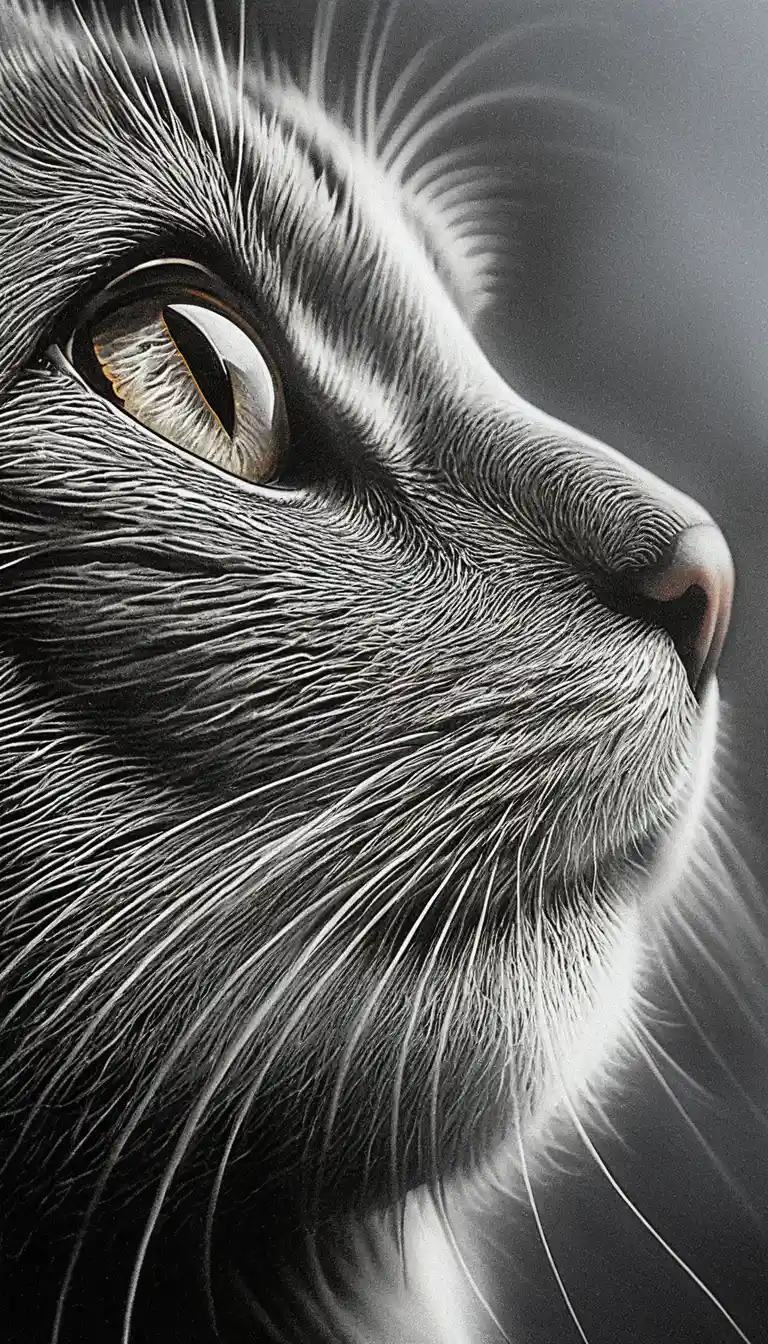 Extreme close up scratchboard portrait of a black cat