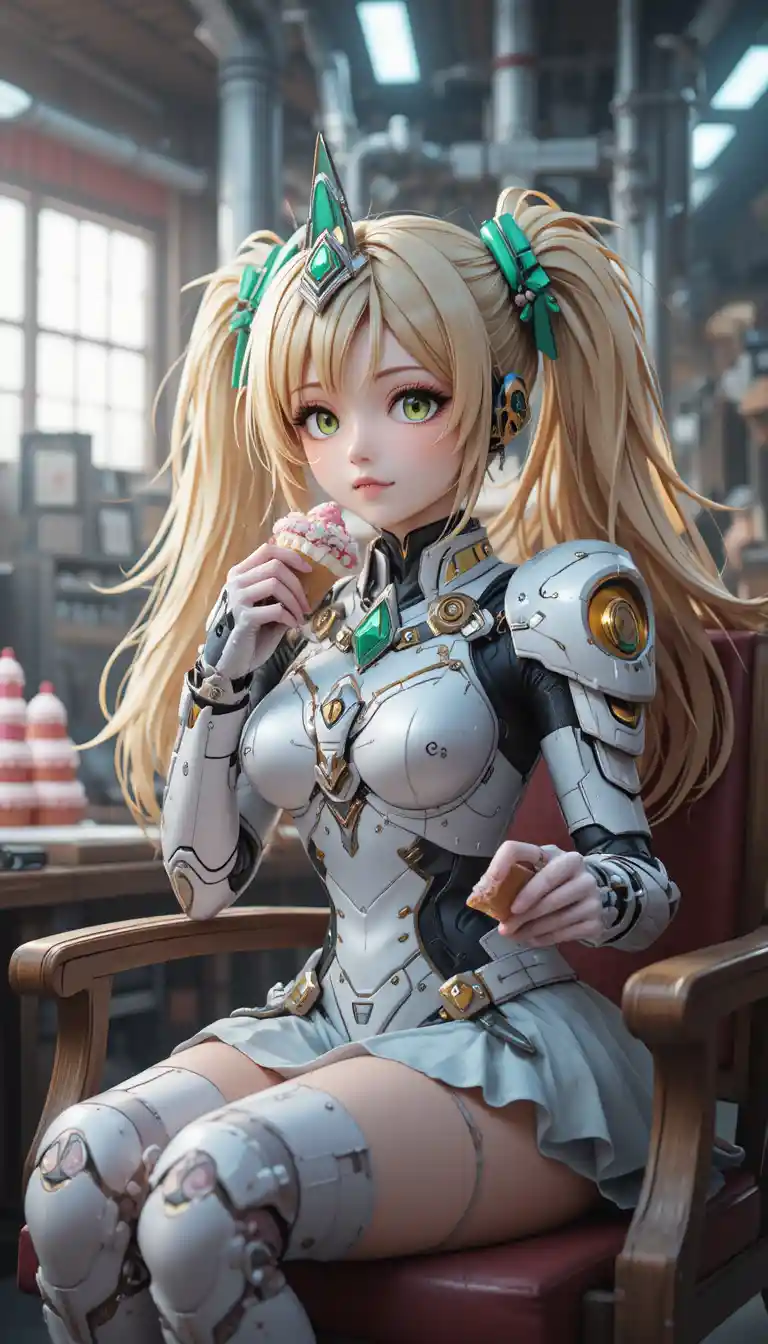 Anime robot girl eating shortcake in a calm factory scene