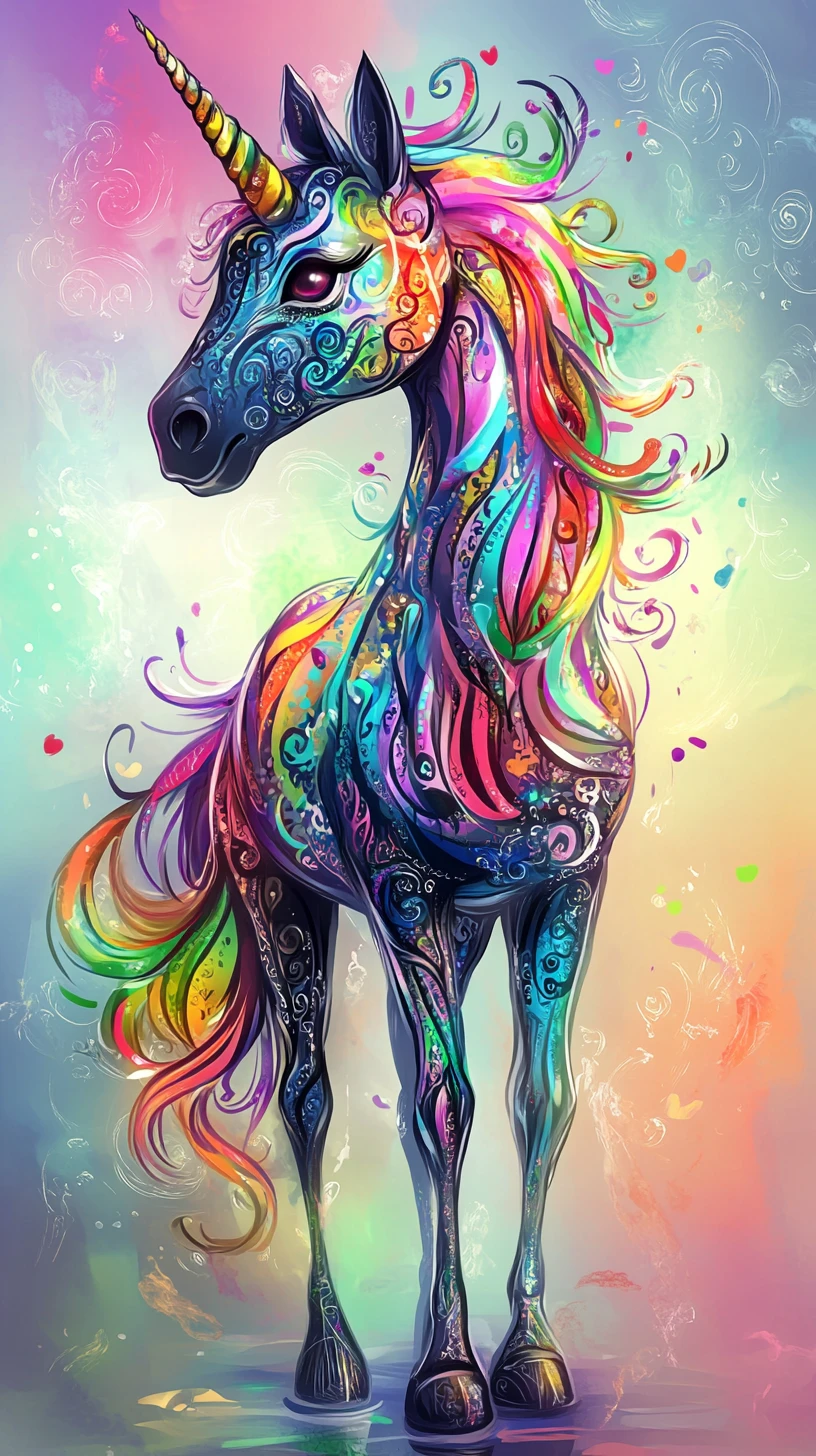 Unicorno cartoon con manto nero e motivi di scarabocchi arcobaleno