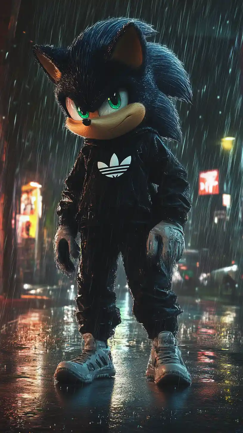 Streetwise hedgehog in tracksuit under dramatic urban rain