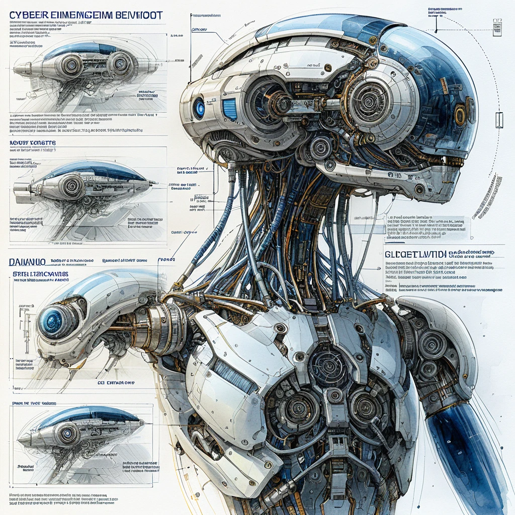 Cybernetic implant science fiction blueprint in isometric view