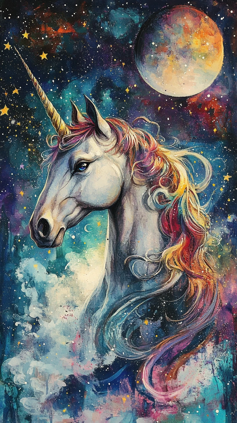 Ritratto ad acquerello di unicorno sotto un cielo stellato magico