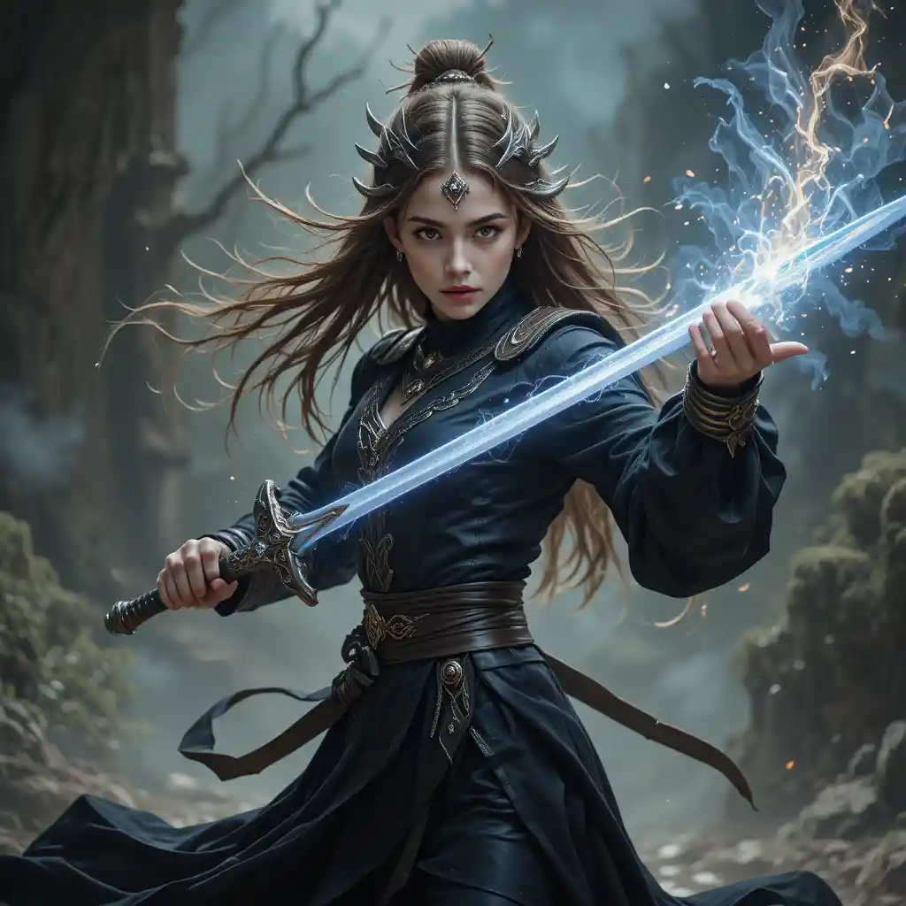 Spiritual warrior girl in black dress wielding a glowing sword