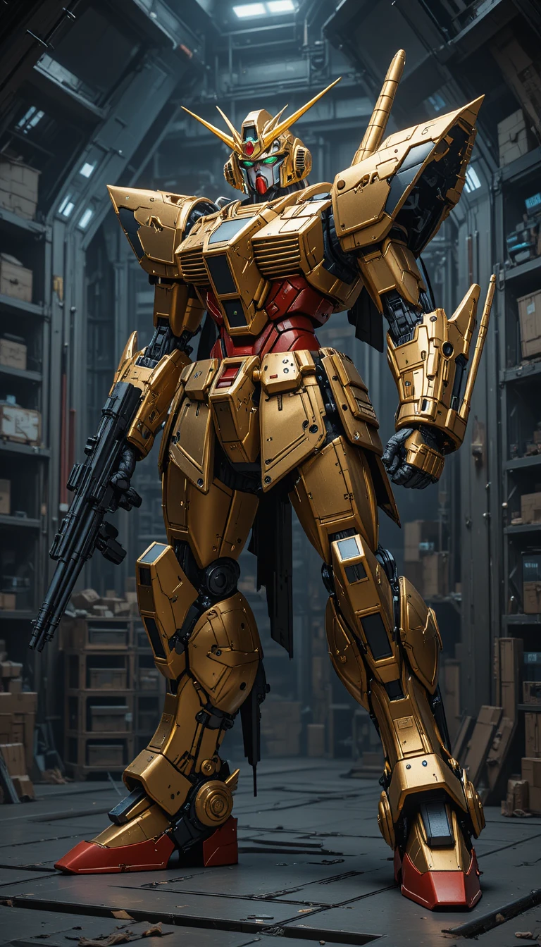 Goldener Kampf-Mecha mit Waffe in dunklem Sci‑Fi‑Hangar