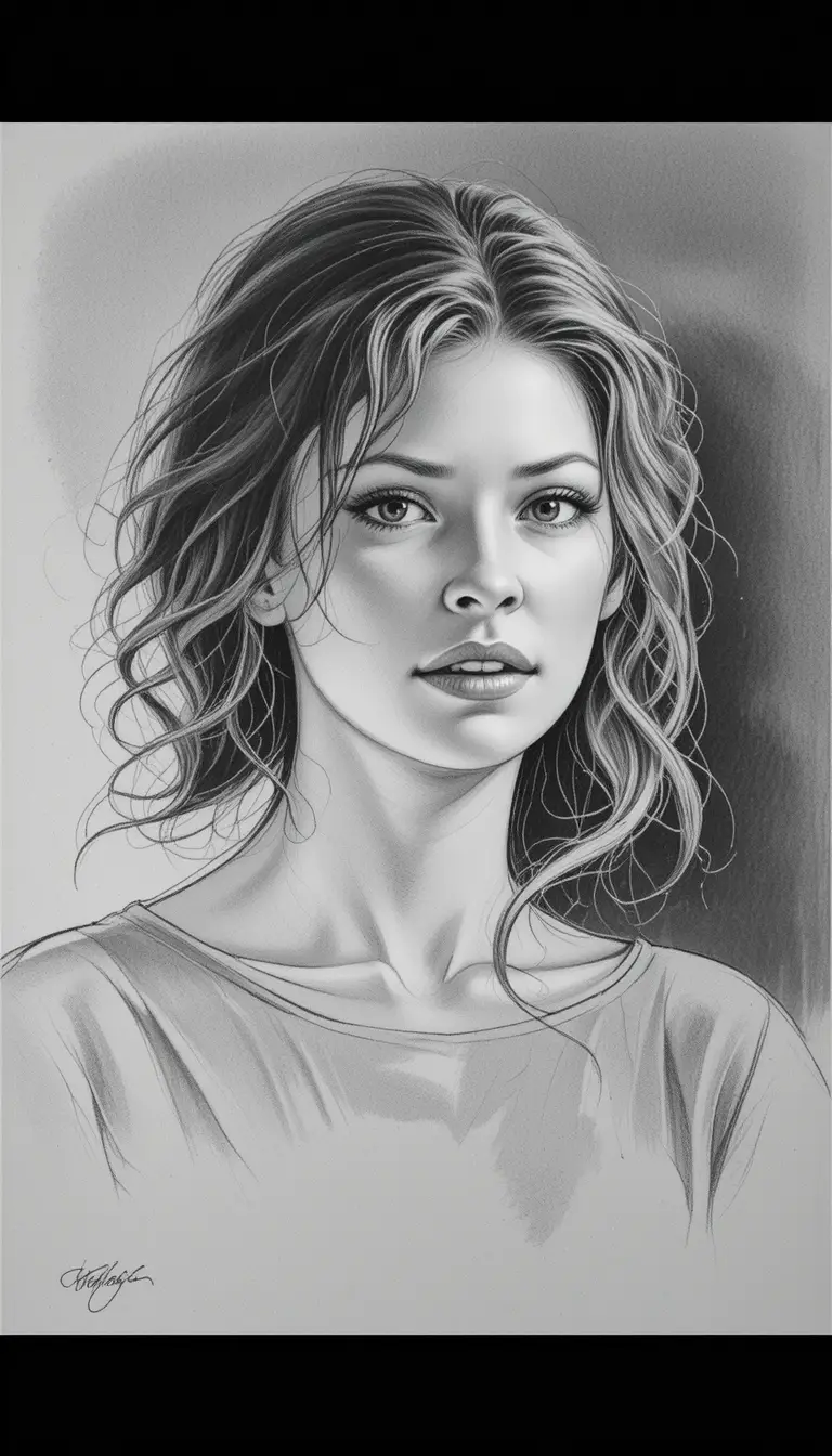 Retrato em carvão de uma jovem serena em papel cinza