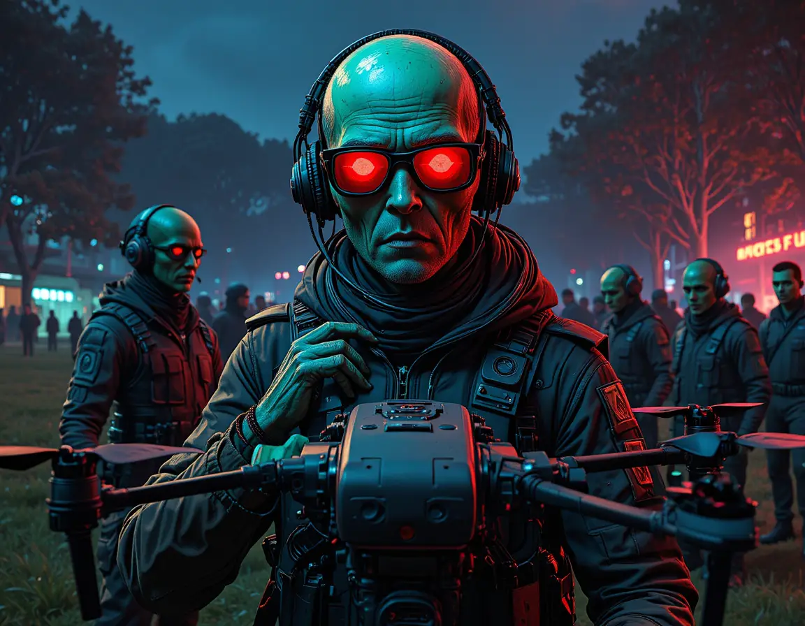 Soldiers kneeling in a field preparing a large drone