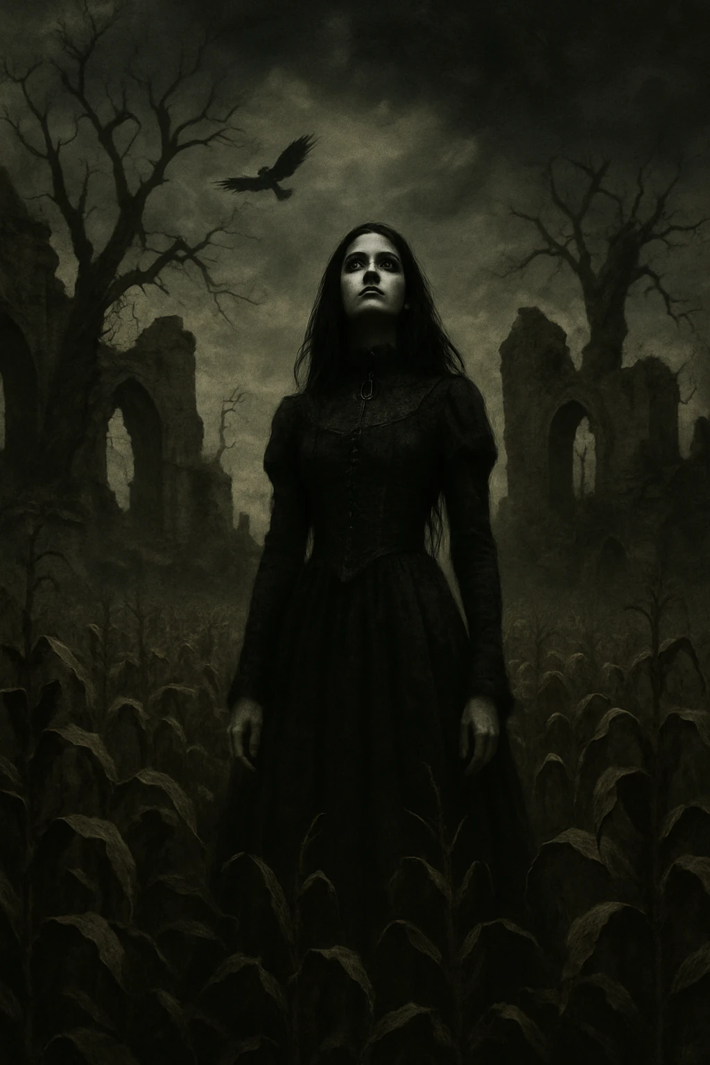 Gothic-Frau steht in einem überwucherten Maisfeld unter dunklem Himmel