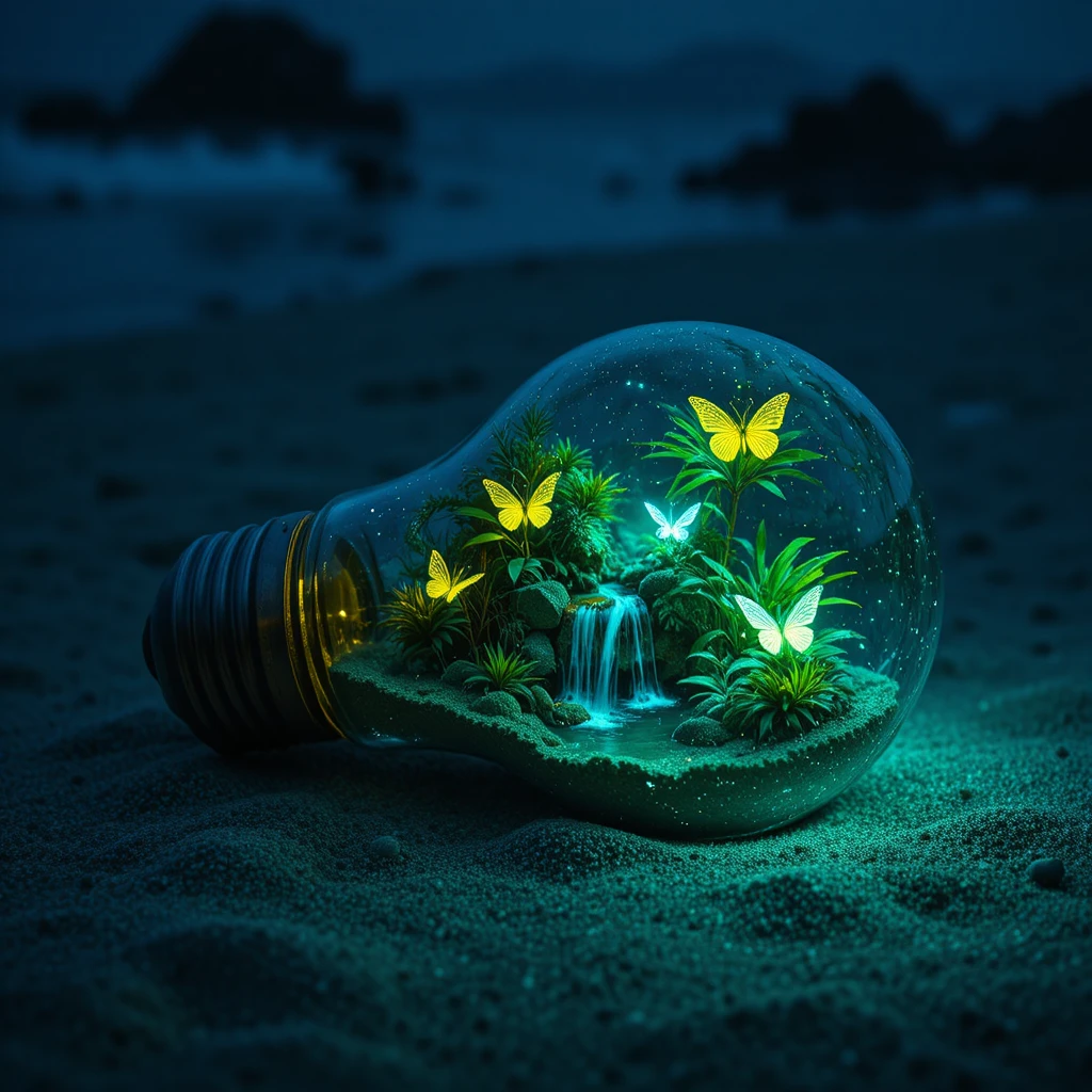 Lampadina vintage con una minuscola foresta pluviale che brilla su una spiaggia oscura