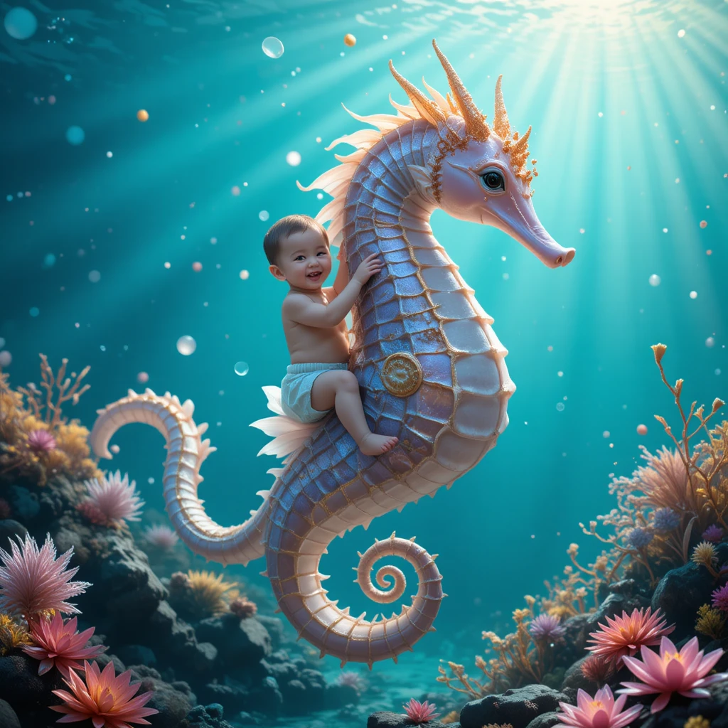 Fröhliches Baby reitet ein riesiges Seepferdchen unter Wasser