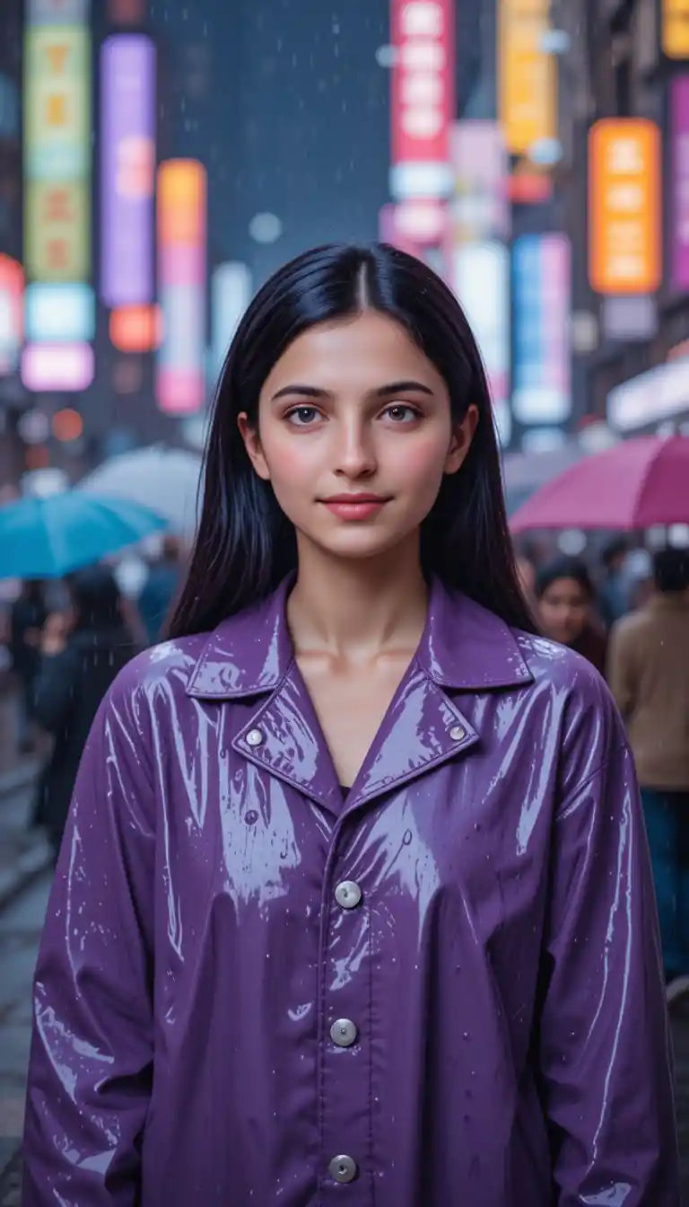 Young woman in purple raincoat on neon city street