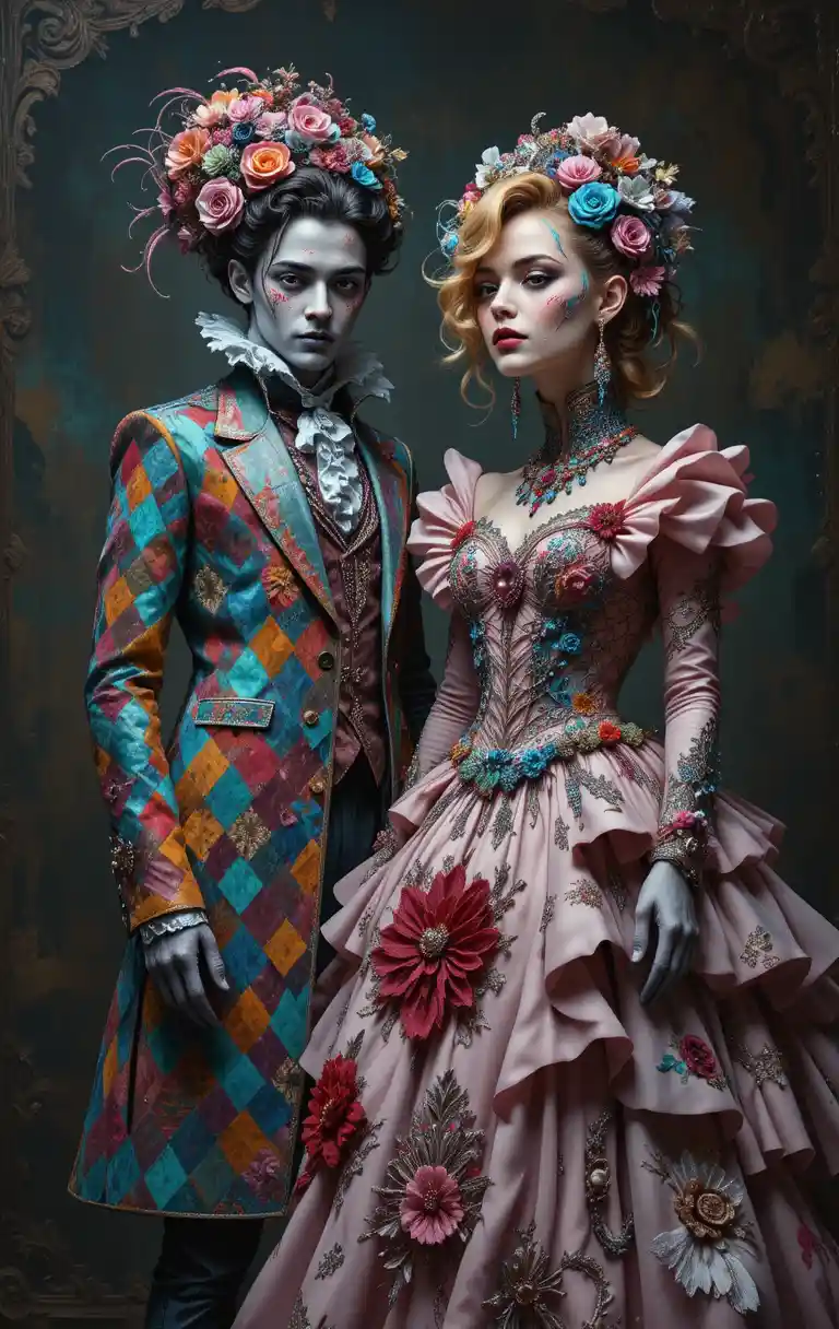 Eccentric victorian couple in elaborate cgi costumes