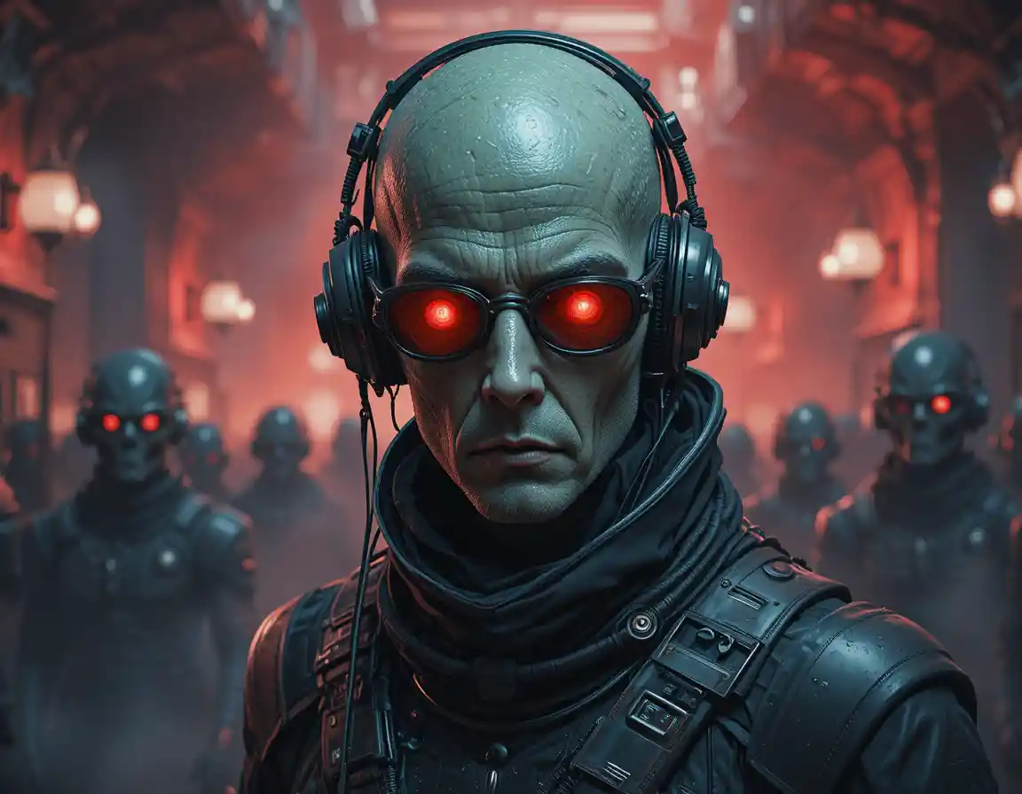 Retrato de alienígena humanoide idoso com óculos vermelhos brilhantes