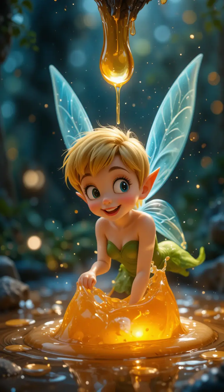 Playful fairy stuck in a glowing drop of honey