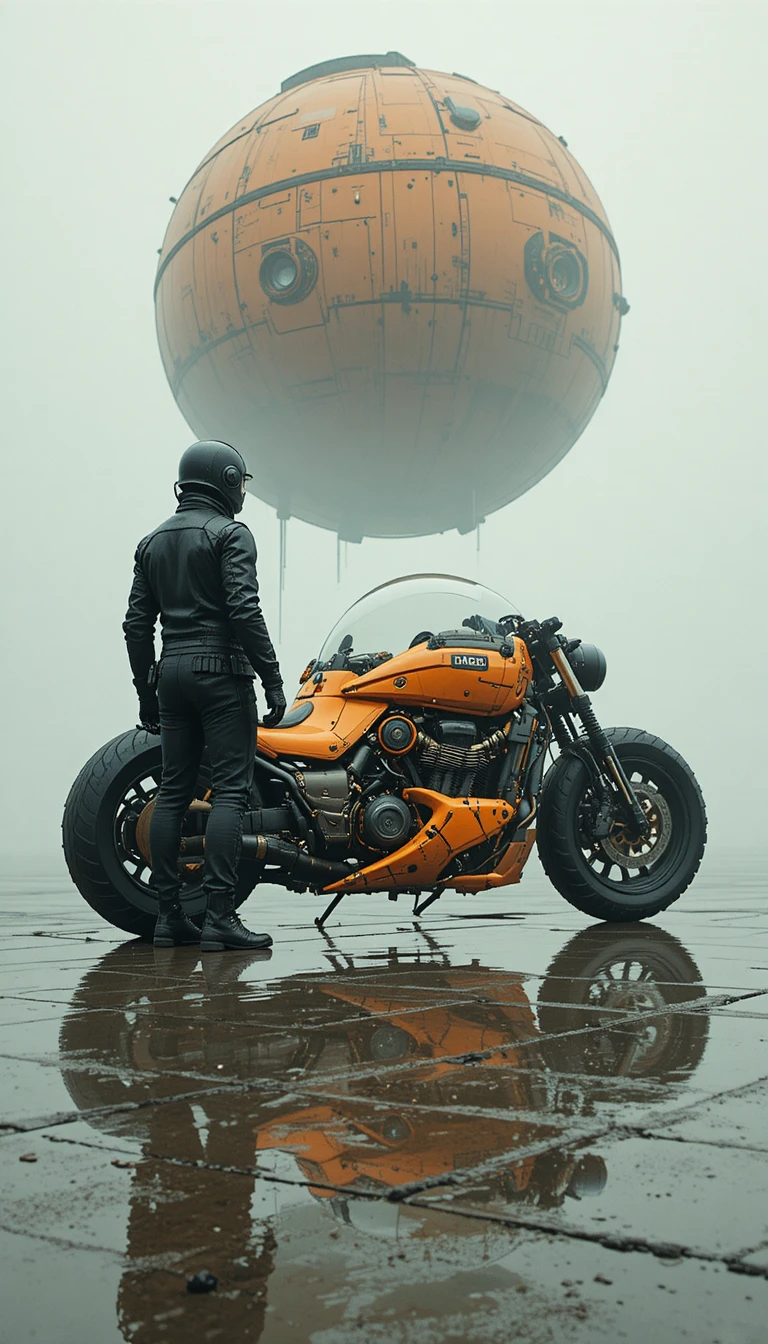Motocicleta futurista laranja sob esfera flutuante em cidade chuvosa