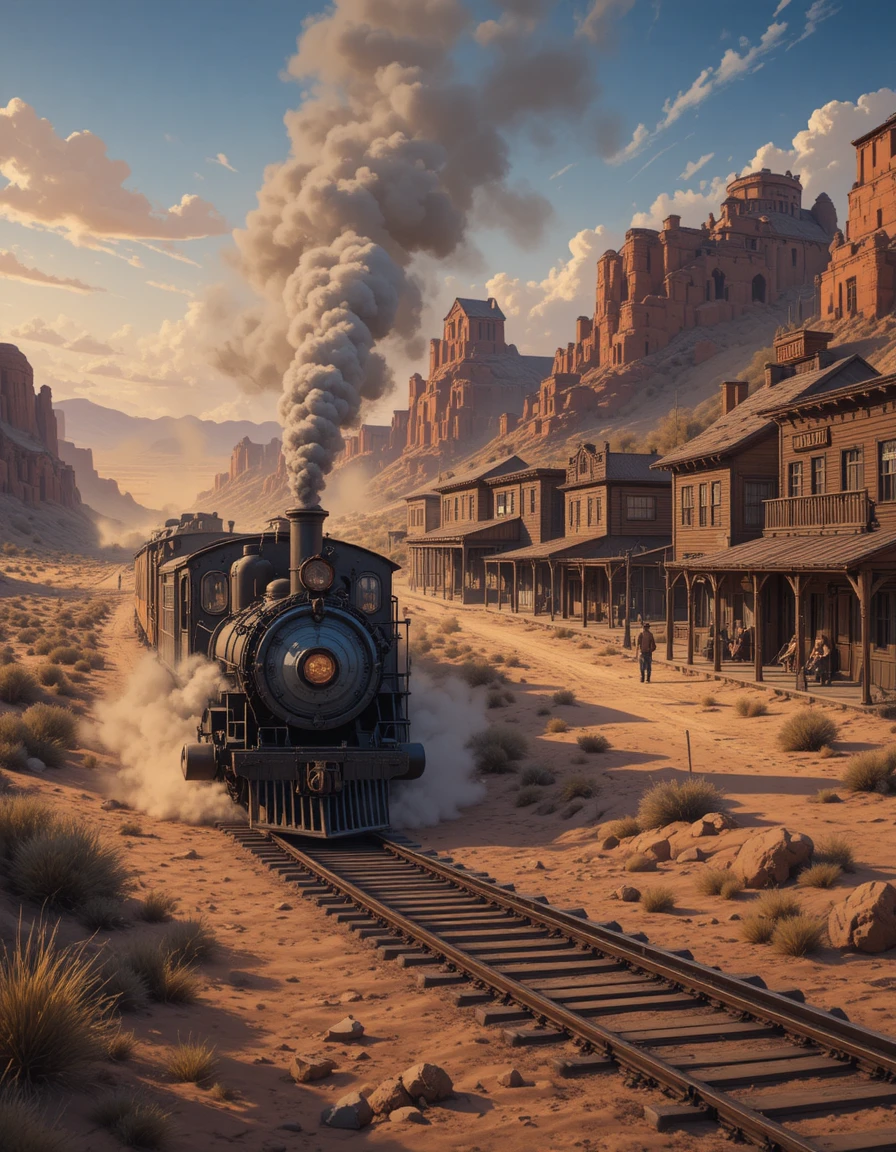 Old steam train crossing a wild west desert at twilight