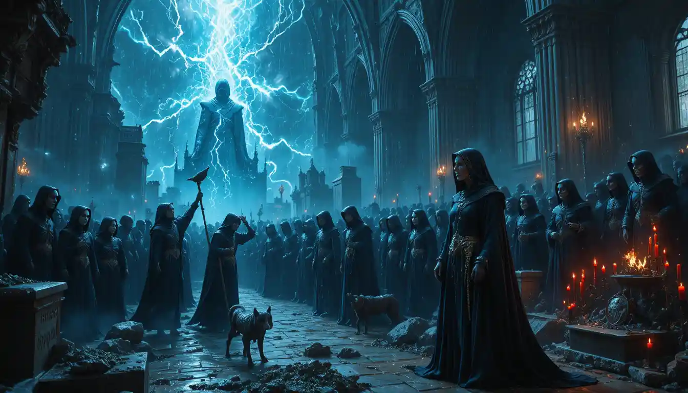Necromancer commanding skeletal army over swirling river of souls
