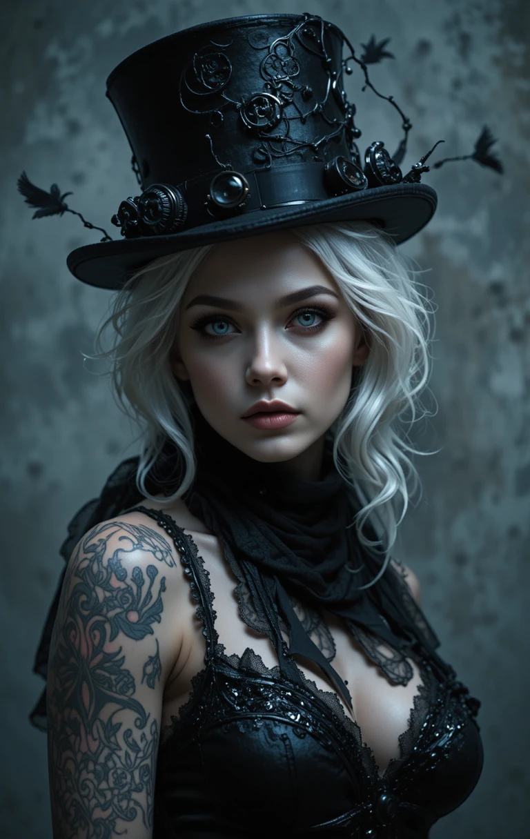 Intense tattooed woman in steampunk hat and dark scarf