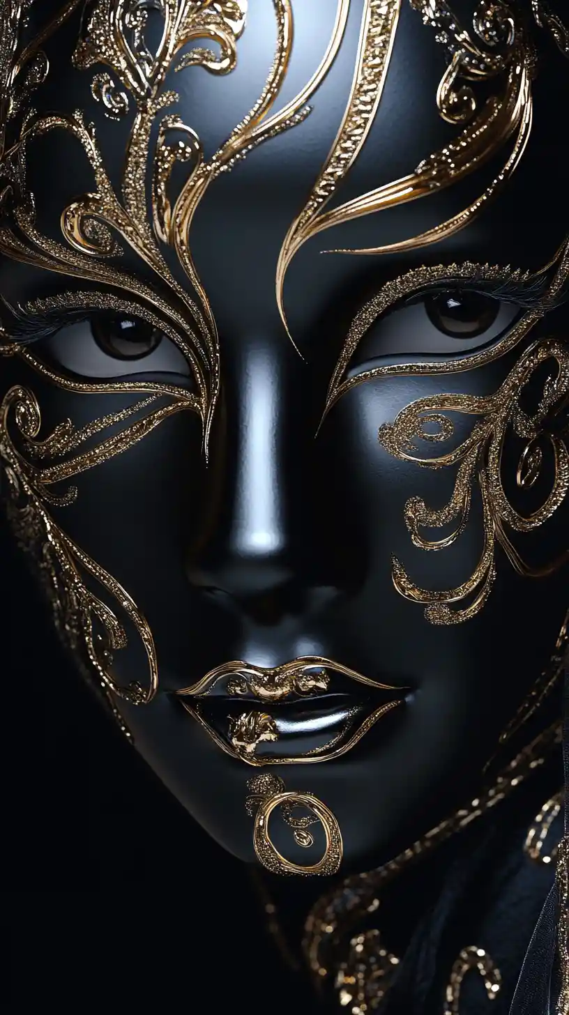Luxuriöses schwarzes und goldenes venezianisches Masken-Porträt in Nahaufnahme