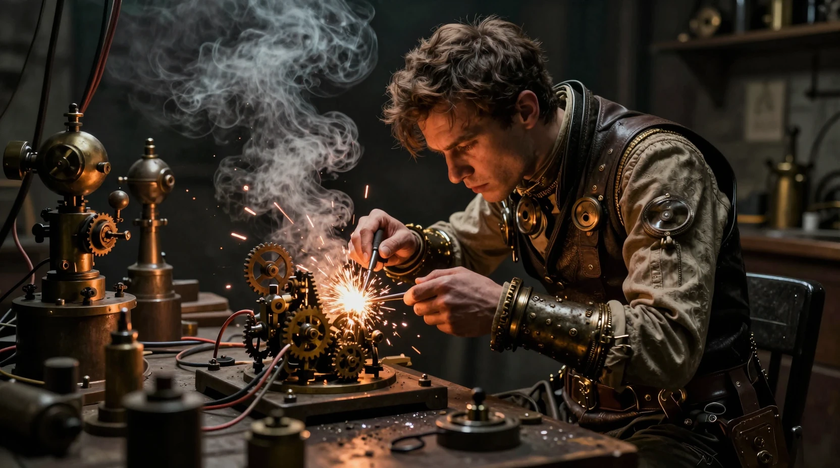 Steampunk-Erfinder an einer düsteren Werkbank