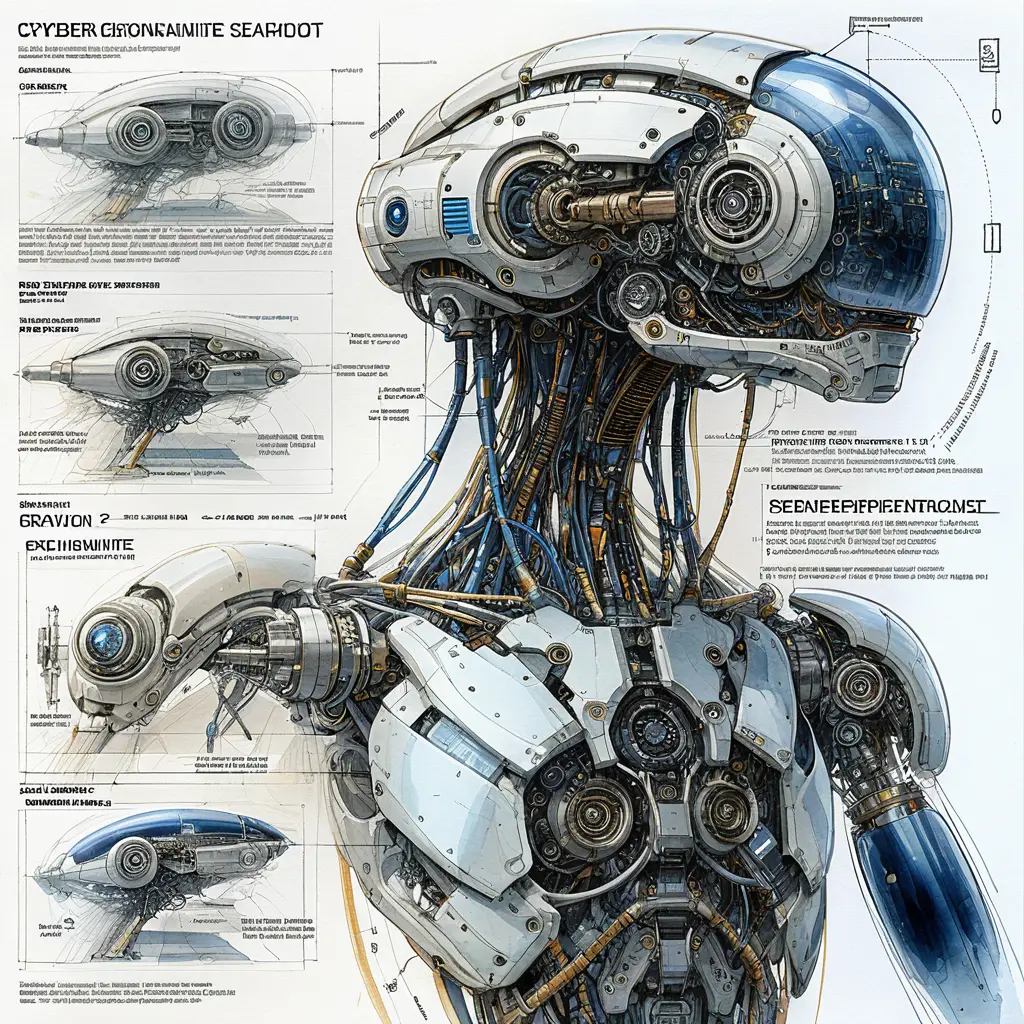 Schémas d’implants cybernétiques en style aquarelle technique futuriste
