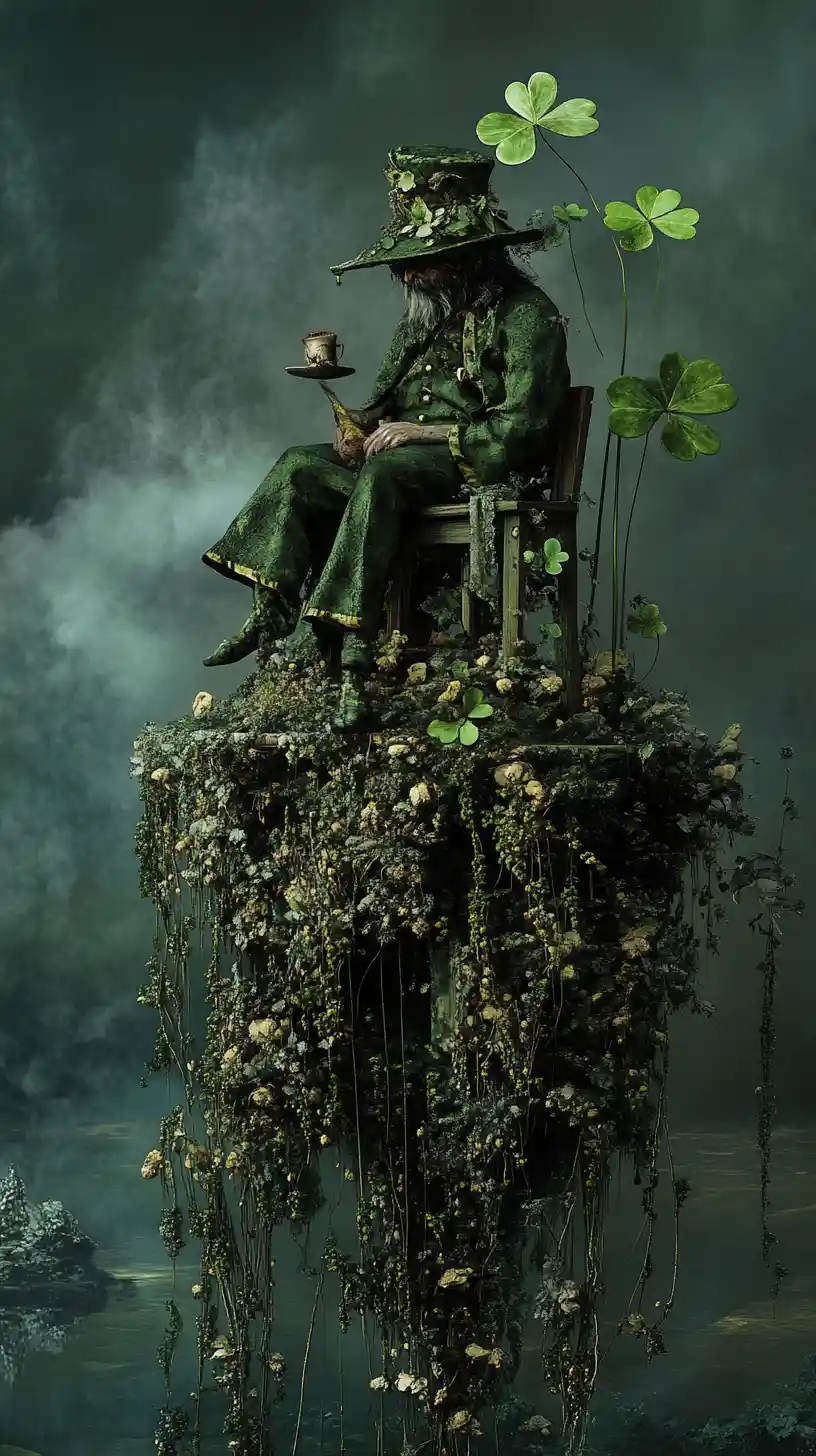 Illusione surreale di quadrifoglio in una scena fiabesca dark fantasy