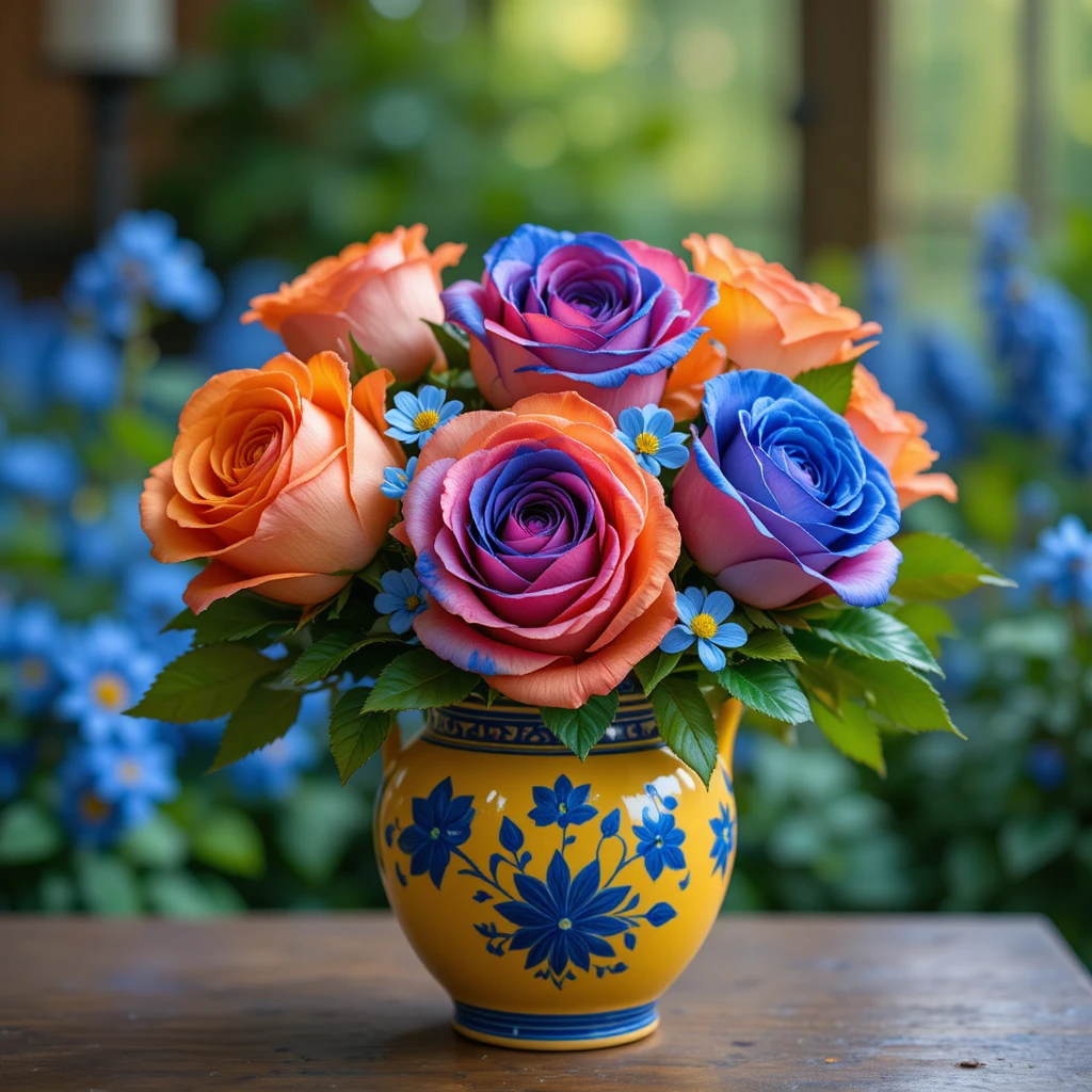 木の上の黄色い陶器の花瓶に生けたカラフルなバラ