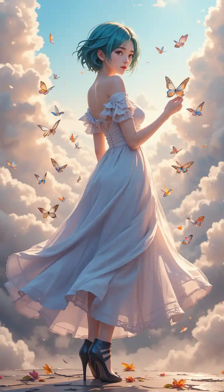 Anime girl in off shoulder dress with butterflies