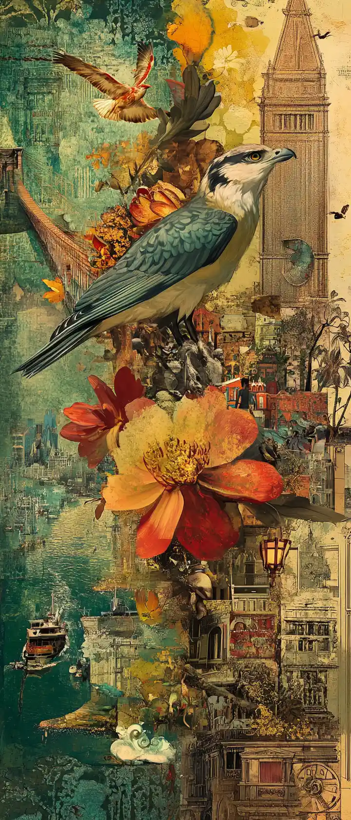 Aigle en vol au-dessus d’une fleur dans un collage jaune et vert