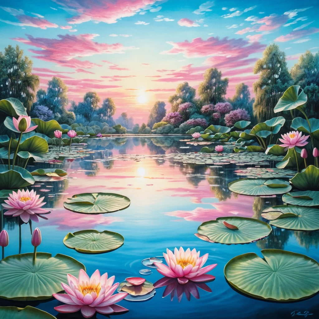 Lago de verão surreal com nenúfares cor-de-rosa ao nascer do sol