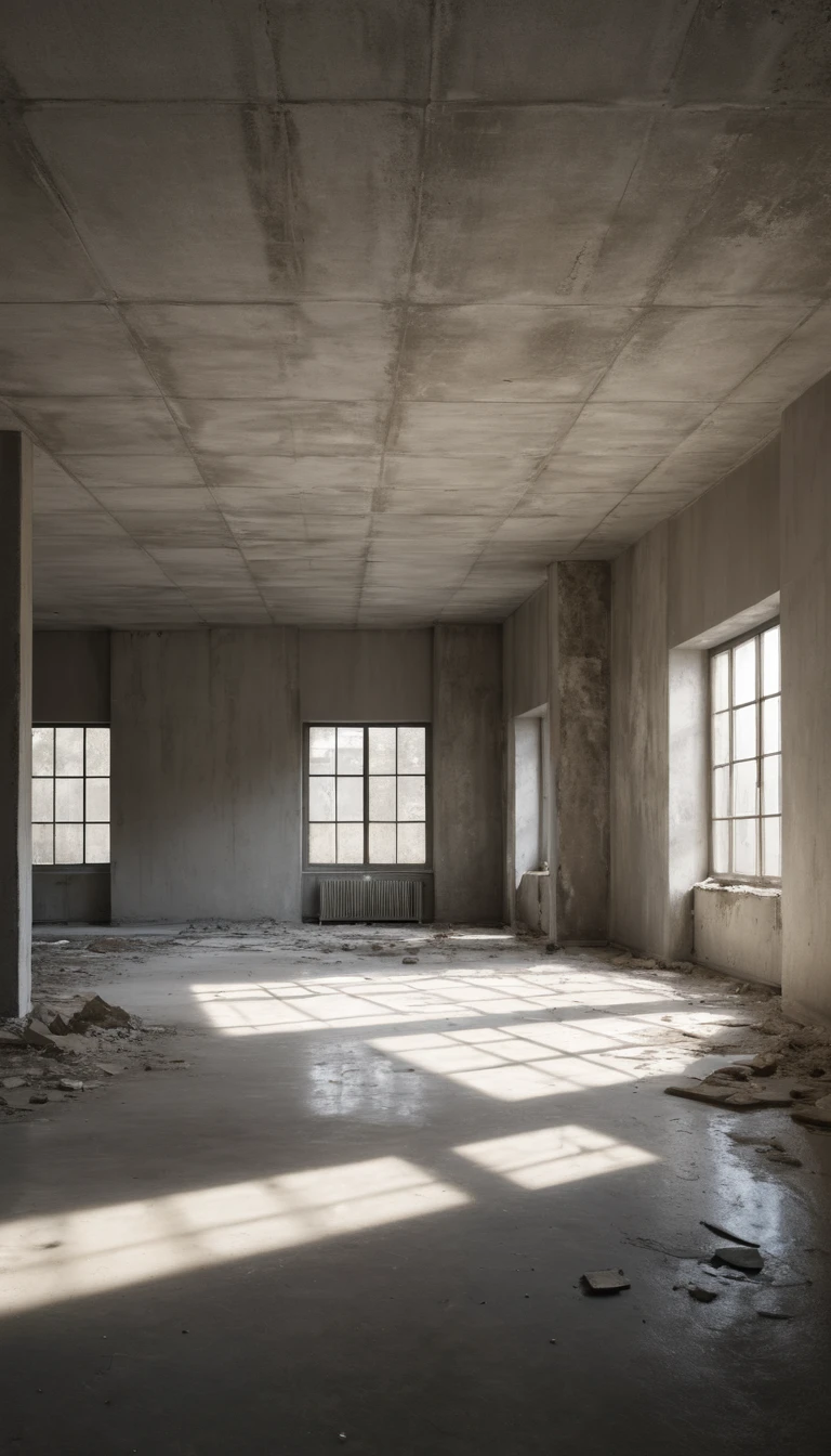 Salle à manger brute non finie avec murs en béton et hautes fenêtres
