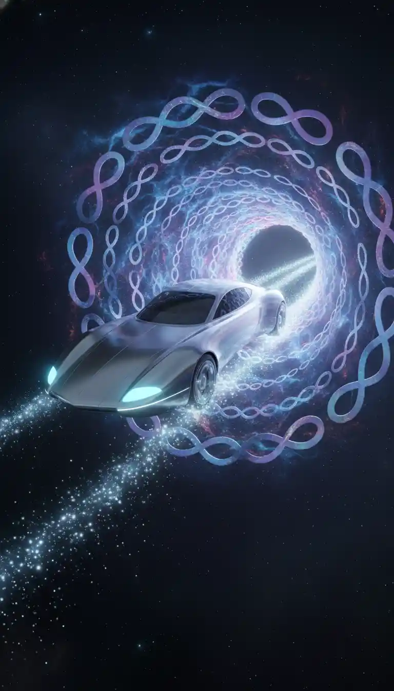 Auto argento futuristica che sfreccia attraverso un portale cosmico