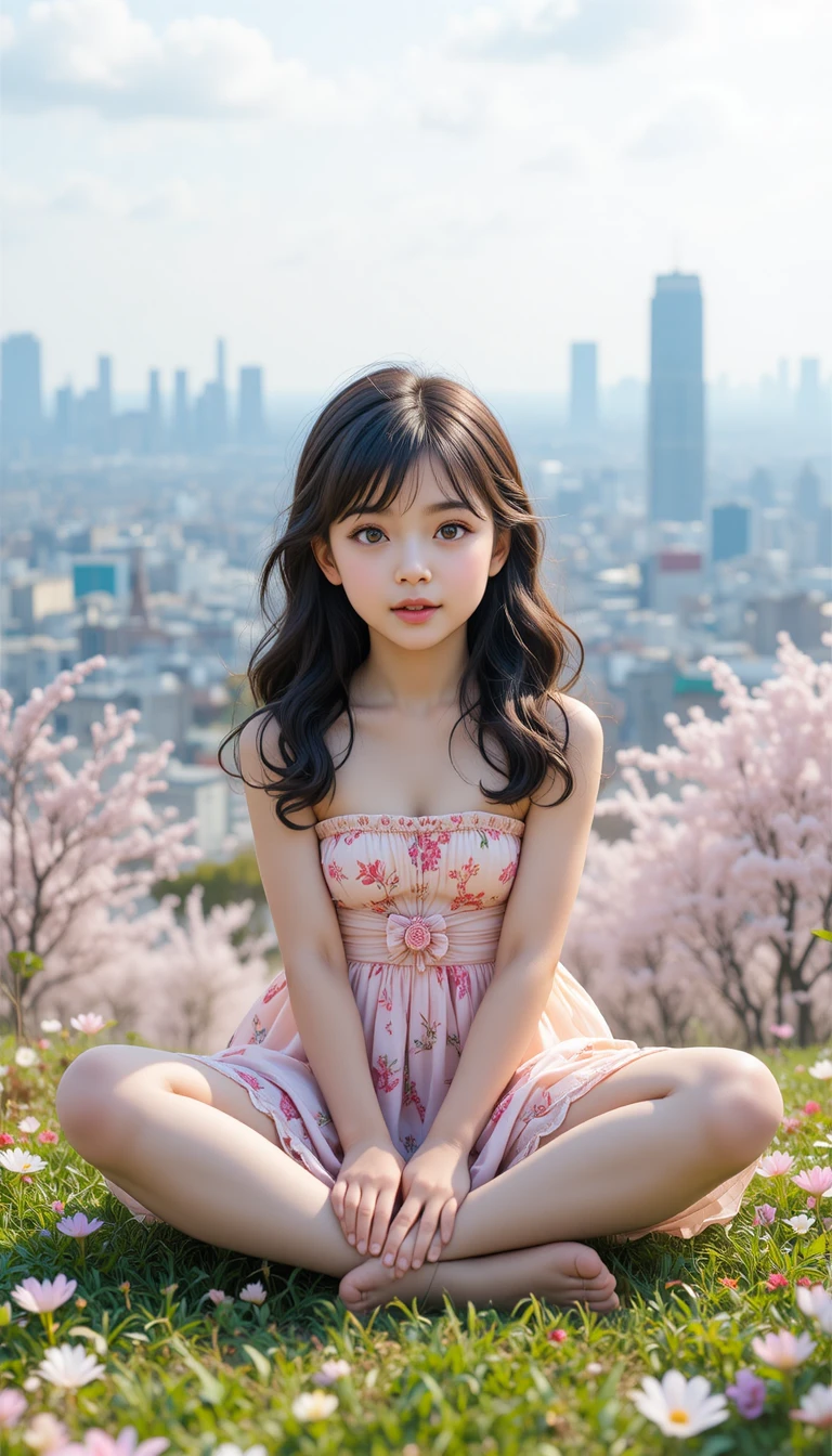 Young girl sitting in a city park on green grass