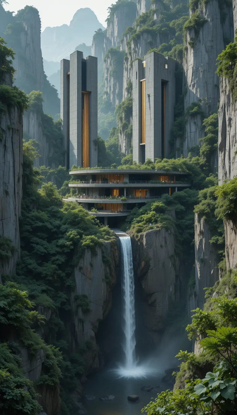 Futuristic brutalist sanctuary built into dramatic mountain cliffs