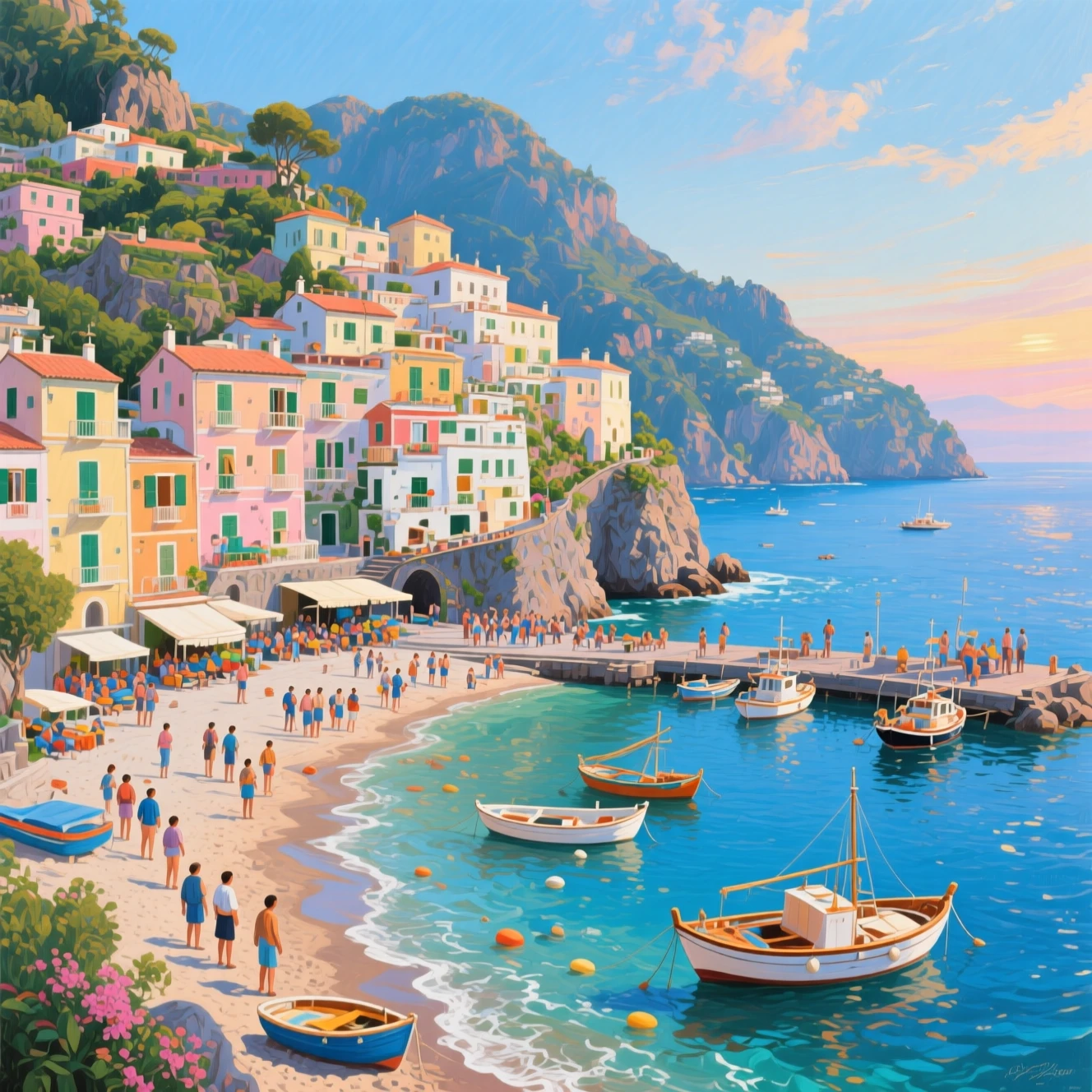 Vilarejo costeiro italiano sobre um mar azul tranquilo