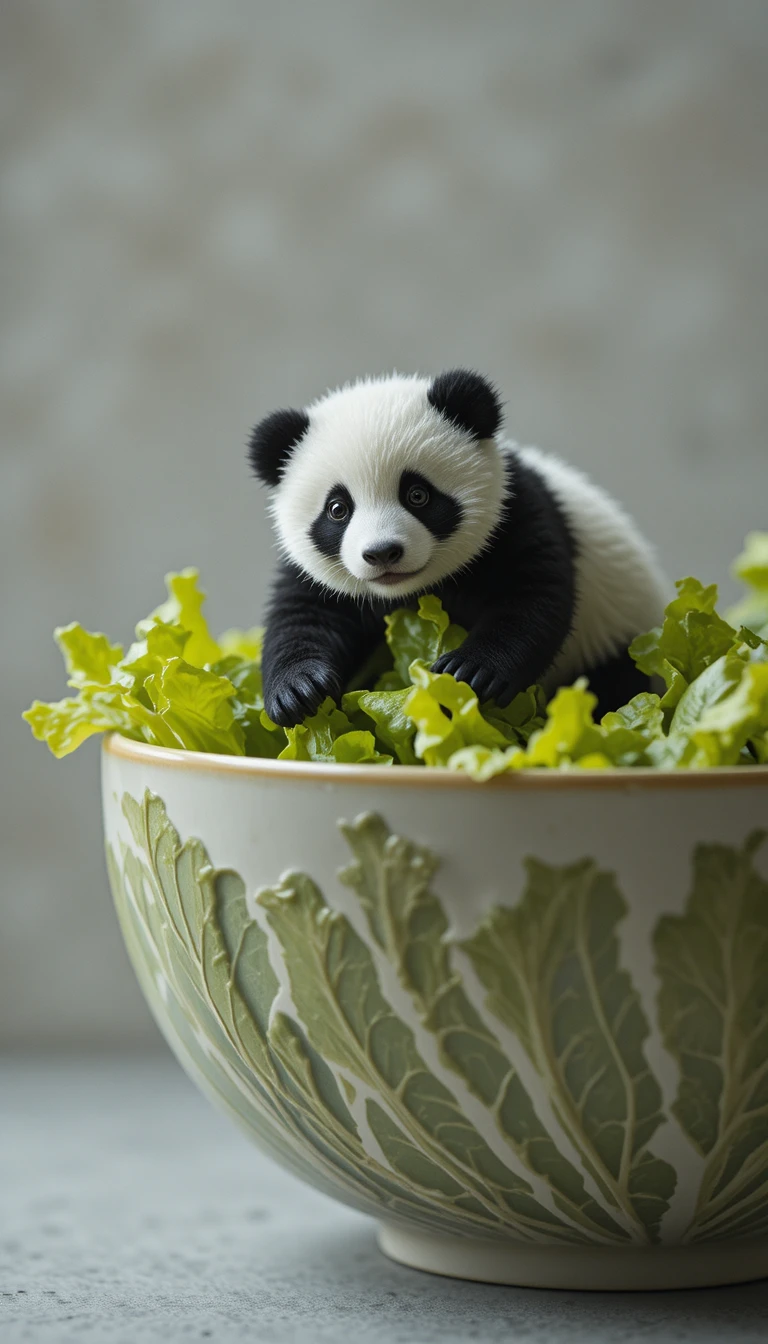 Winziger Panda klettert am Rand einer riesigen Salatschüssel